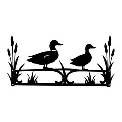 Black and White Silhouette of Ducks Perched on an Ornate Metal Frame