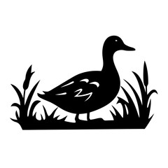 Black silhouette illustration of a duck in marsh grass on white background