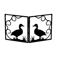 Symmetrical Duck Silhouette Art with Ornate Frame and Grassy Ground Line