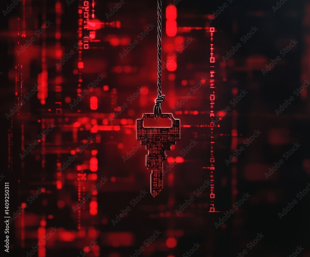 Poster key to digital realm: a striking visual narrative of digital security, where a metallic key hangs su