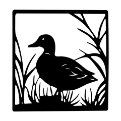 Black silhouette of a duck in the wetland inside a square frame