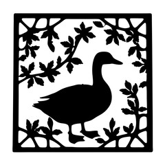 Elegant silhouette of a duck surrounded by branches with leaves in a frame