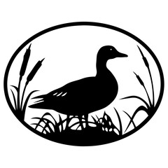 Silhouette of a duck standing among grass and reeds within an oval frame