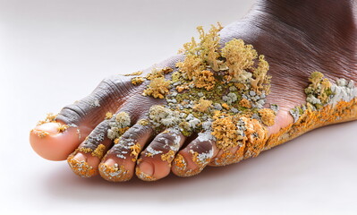 Dark skinned man's foot covered with moss and lichen. Natural growth, foot fungus and skin disease concept for medical article or health and nature design.