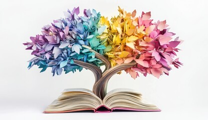 Colorful paper leaves form trees sprouting from an open book