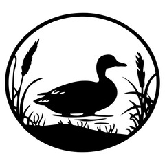 Duck Swimming in Marsh Silhouette Vector Illustration within Circular Frame Design