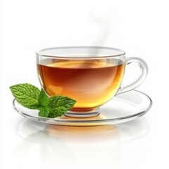 A cup of tea with mint leaves on a saucer against isolated on white background