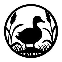 Monochrome Duck Silhouette in a Circular Frame with Grass and Cattails
