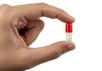 Hand holding red and white capsule on white background