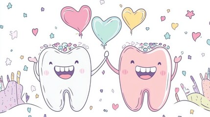 Cheerful Cartoon Teeth Characters Holding Balloons and Celebrating Fun