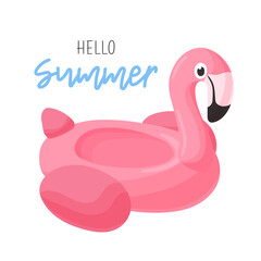 Summer postcard. Flamingo inflatable circle isolated on white background. Summer design element for poster, banner, badge, label, print, travel.