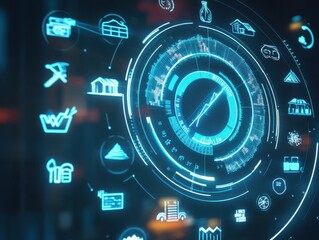 Digital Dashboard: Futuristic digital dashboard with glowing icons representing various aspects of logistics, supply chain, and data analytics.
