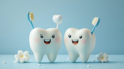 Obraz premium Cute Cartoon Teeth with Toothbrushes and Flowers on Blue Background