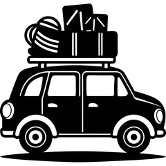 Silhouette of a family car packed with luggage on a road trip 