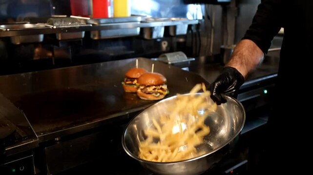 Close-up of a chef in black gloves tossing golden French fries in a metal bowl while two juicy burgers cook on a flat-top grill in the background