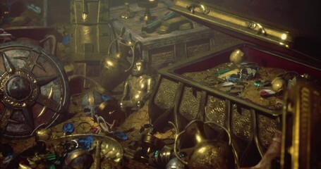 Hidden within a dimly lit cavern, a treasure trove reveals piles of gold coins, ancient artifacts, and intricate items scattered on the ground, capturing a sense of adventure and mystery.