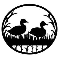 Silhouette of two ducks standing in tall grass surrounded by a circle
