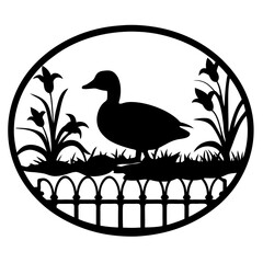 Silhouette of a Duck in a Garden Setting Within an Oval Frame