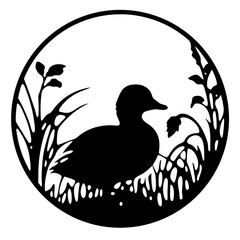 Elegant black and white duck silhouette surrounded by foliage within a circle