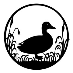 Elegant Black and White Duck Silhouette in a Circular Marsh Setting