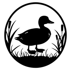 Black silhouette of a duck in a circle among cattails and grasses
