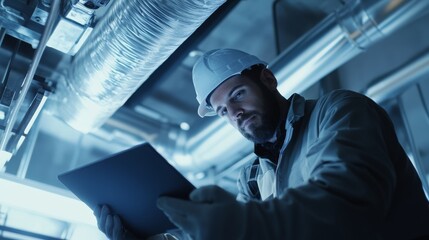 Mechanical engineer inspecting HVAC systems in a commercial building. Featuring expertise and efficiency