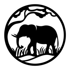 Silhouette of an elephant with tree and grassland inside of a circle shape