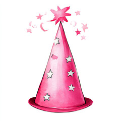 Festive pink watercolor party hat with white stars for celebration design