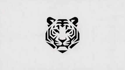 Geometric tiger face logo, symmetrical, sharp angles, monochrome, corporate branding style