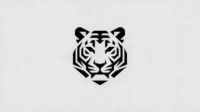 Geometric tiger face logo, symmetrical, sharp angles, monochrome, corporate branding style