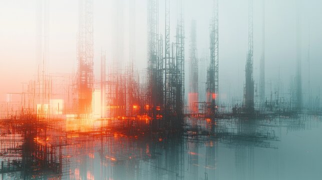 Modern digital skyline illuminated by bright lights at dawn, featuring towering structures and abstract elements in a misty atmosphere