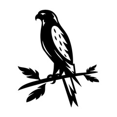 Silhouette of a bird of prey perched on a leafy branch symbol