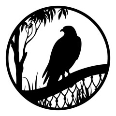 Fototapeta premium Majestic Bird Silhouette in Circle Frame with Branch and Floral Accents