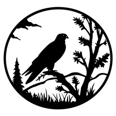 Silhouette of a majestic bird perched on a branch within a circular frame