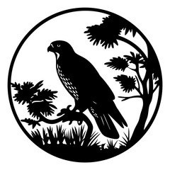 Silhouette of a Majestic Bird Perched in Nature's Embrace within a Circle