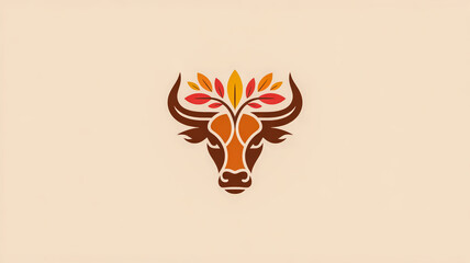 Minimalist bull head logo with autumn leaves crown, golden brown tones, sleek vector style, symmetrical, corporate branding