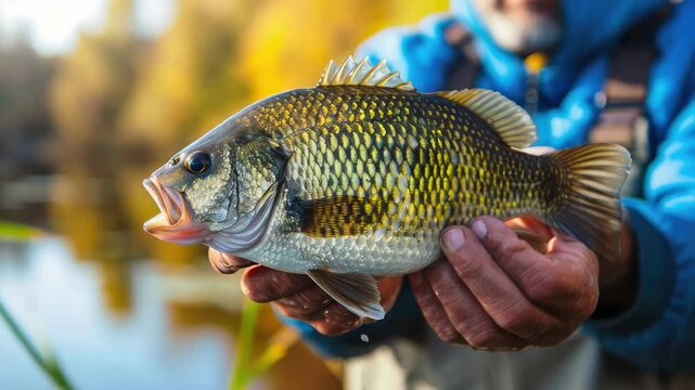 a close-up of a fisherman holding a fish in his hands. Selective focus