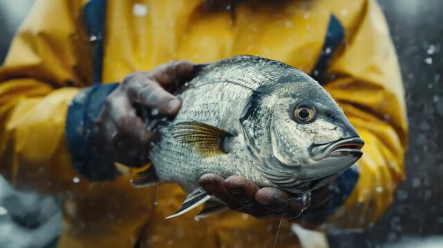 a close-up of a fisherman holding a fish in his hands. Selective focus