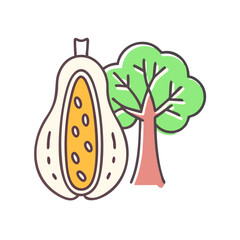 A halved papaya fruit beside a leafy green tree illustration nature food tropical plant