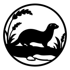 Elegant Otter Silhouette Emblem Standing on a Log Surrounded by Grass
