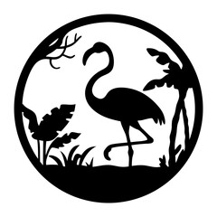 Stylized Flamingo in Tropical Landscape within a Circular Frame Art Print