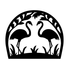 Silhouette of Two Flamingos Facing Each Other Underneath an Archway of Leaves