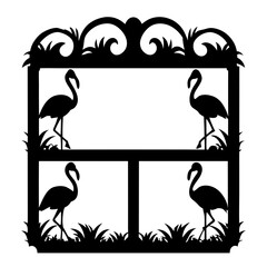 Naklejka premium Silhouette Frame with Four Flamingos and Ornate Details in Black and White