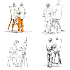 Sketch-style illustrations of male artists painting on easels in various poses. Ideal for art education, creative content, workshop flyers, and artistic profession themes.

