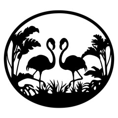 Elegant Silhouette of Two Flamingos Amidst Tropical Flora in an Oval Frame