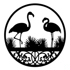 Silhouette of two Flamingos in a circular Frame with abstract patterns