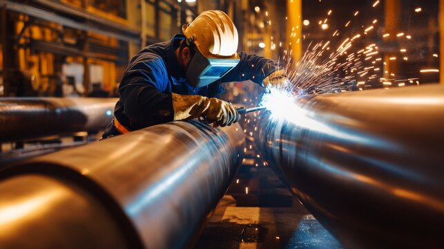 Pipe fitter welding large steel pipes for industrial use. Featuring strength and precision