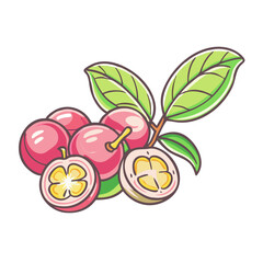 A vibrant illustration of fresh pink passion fruits with green leaves