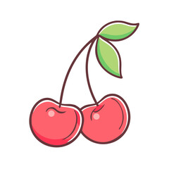 A Pair of Sweet Red Cherries with Lush Green Leaves