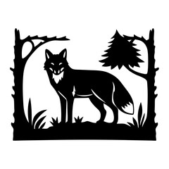 Black silhouette of a fox standing in the woods surrounded by trees